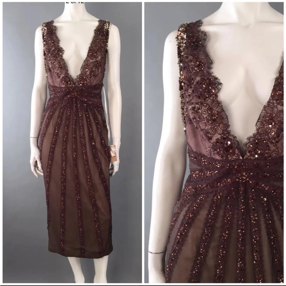 Mandalay Vintage Brown Beaded Gown Sequined Crystals Dress Deep V Neck 90s Y2K - Picture 1 of 12